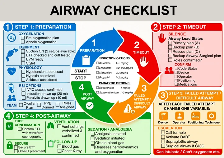 Updated four-step Airway Checklist showing Preparation, Timeout, Failed Attempt or Difficult Airway, and Post-Airway