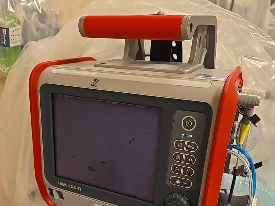 HAMILTON-T1 ventilator used at KU, showing the touchscreen, function keys, and press-and-turn knob